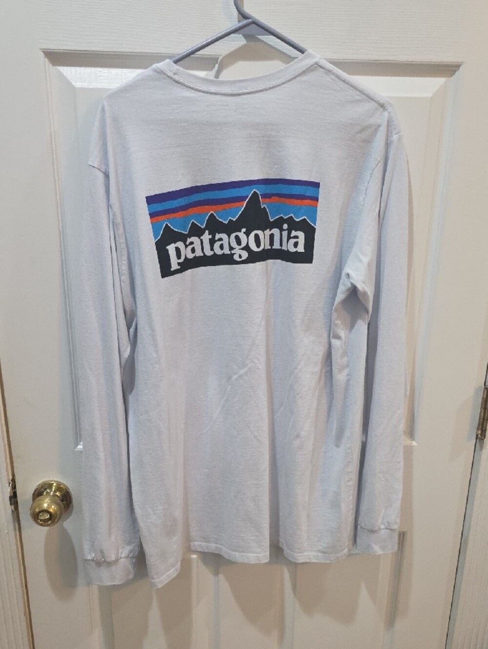 Patagonia Men’s Long-Sleeve Crew Tee — White with Small Black Logo